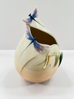 Franz Dragonfly Floral Hand Painted 3D Vase Porcelain Artist Signed 10” Vintage